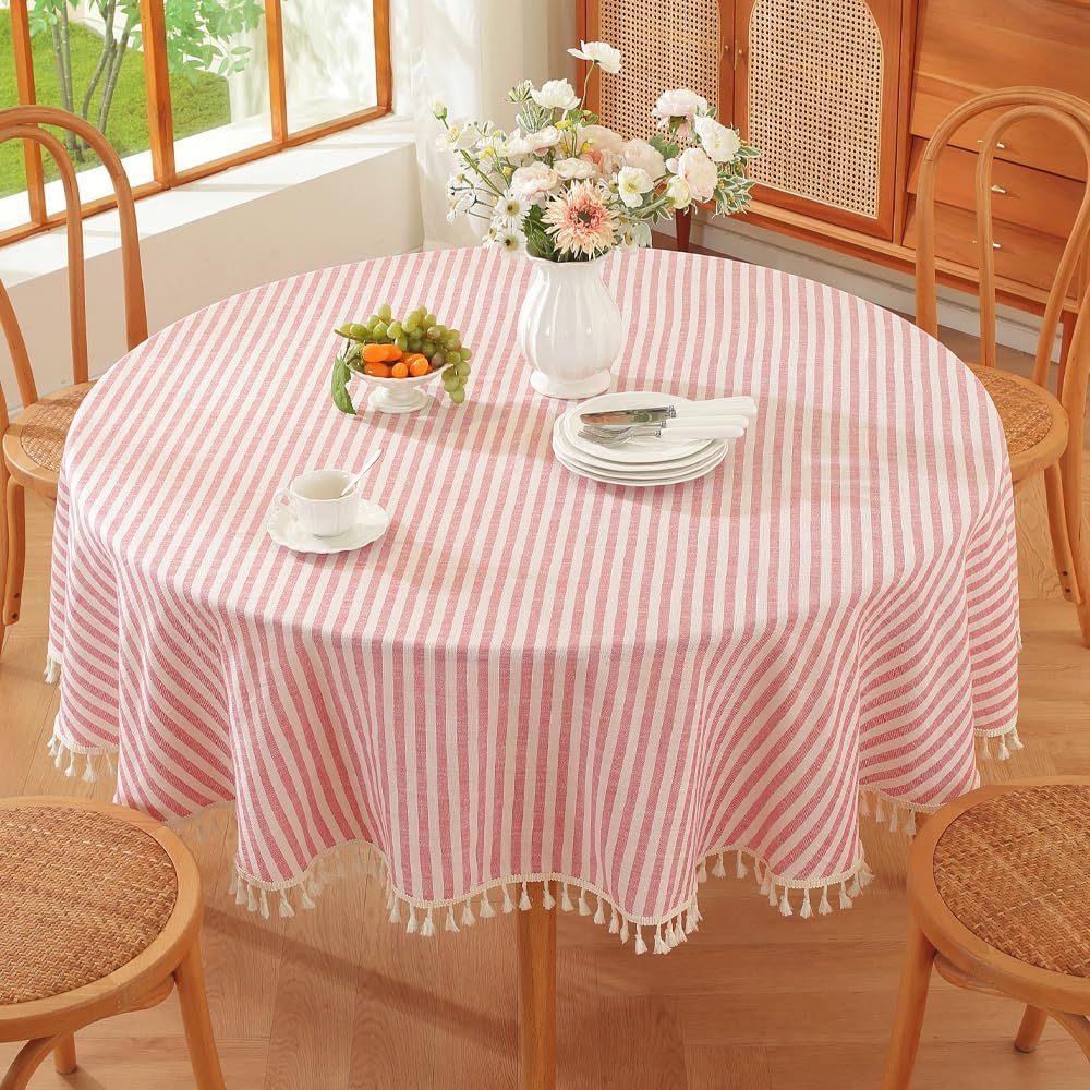 Red and White Striped Round Tablecloth